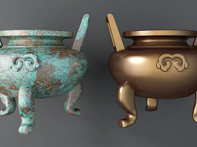 Garden Landscape Decorative Bronze Tripod Censers With Greenish Blue And Golden Finishes And Cloud Patterns 3d model
