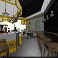 Bright Yellow Milk Tea Shop Interior With White Brick Walls Hanging Lamps And Wooden Stools