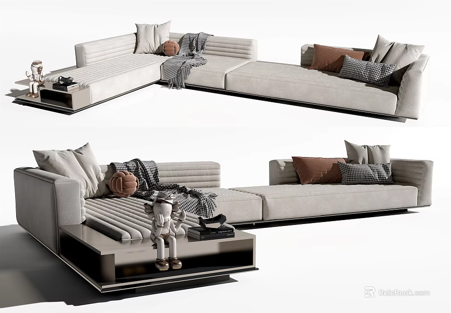 Spacious Modern L shaped Sectional Sofa With Light Fabric And Soft Decorative Pillows 3d model 