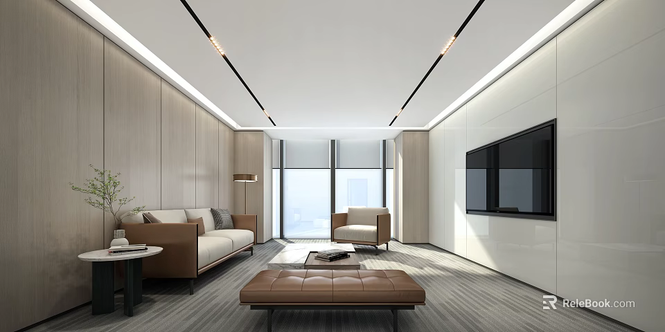 Modern Minimalist Living Room Interior With Sofa Armchair Coffee Table And TV 3d model 