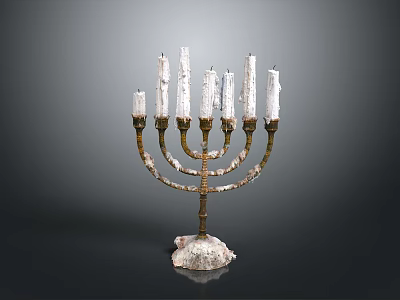 Seven Branch Golden Candelabra With White Textured Candles And Ornate Base 3d model