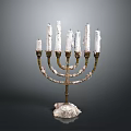 Seven Branch Golden Candelabra With White Textured Candles And Ornate Base