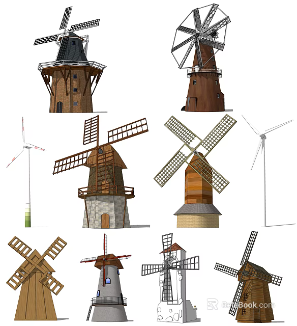 Traditional And Modern Windmill Architectural Components With Wooden Blades And Designs 3d model 