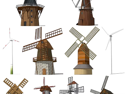 Traditional And Modern Windmill Architectural Components With Wooden Blades And Designs 3d model