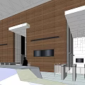 Modern Lobby Front Desk Reception With Wooden Walls Geometric Patterns And Black Sofas 3d model