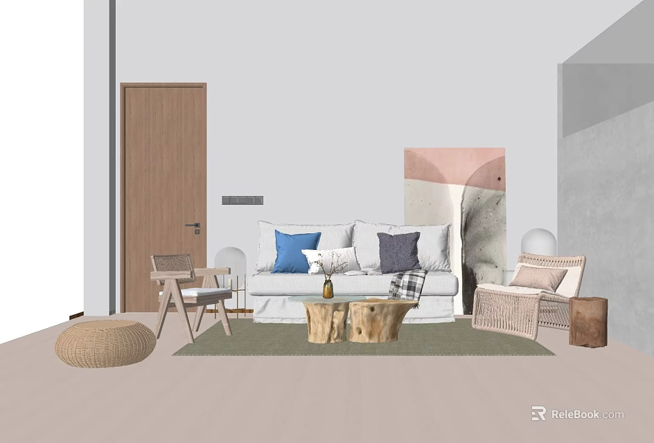 Stylish Living Room Sofa Coffee Table Set With White Upholstery Pillows Rattan Chairs And Green Rug 3d model 