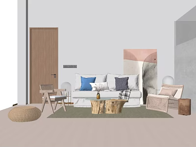 Stylish Living Room Sofa Coffee Table Set With White Upholstery Pillows Rattan Chairs And Green Rug 3d model