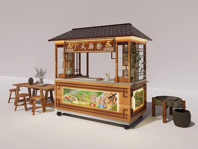 Commercial Outdoor Setup With Wooden Kiosk Roof Tables Stools Drink Display And Decorative Plants 3d model