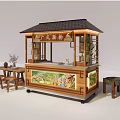 Commercial Outdoor Setup With Wooden Kiosk Roof Tables Stools Drink Display And Decorative Plants