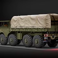 Green Military Utility Vehicle With Canvas Cargo Bed And Multi Wheel Design