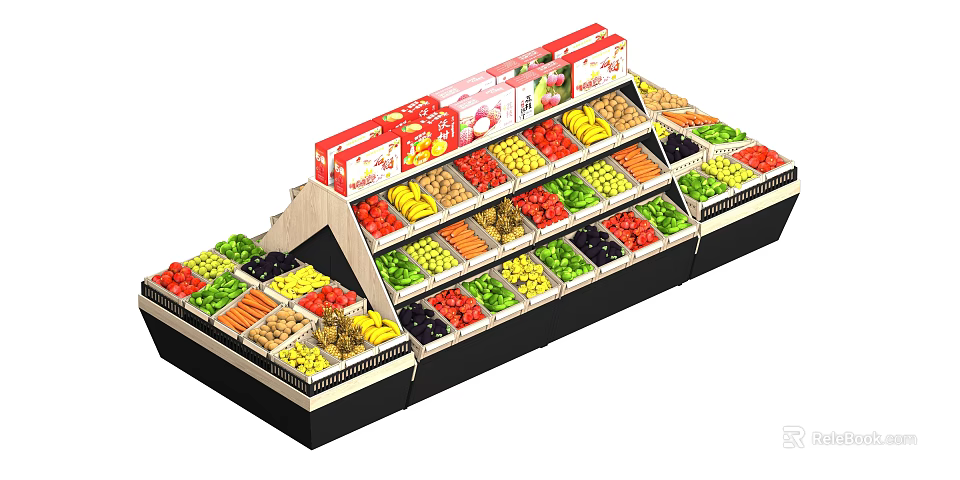 Colorful Multi tiered Fruit Display Shelf With Assorted Fruits Arranged In Sections 3d model 