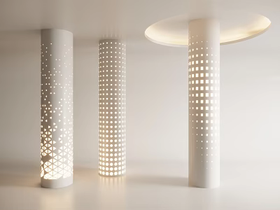 White Columns With Perforated Designs And Lighting In Modern Interior With Circular Ceiling Light 3d model