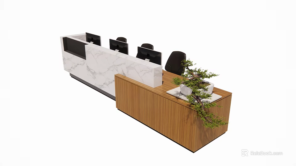 Modern Reception Desk With Marble Top Wooden Cabinet And Potted Plant 3d model 