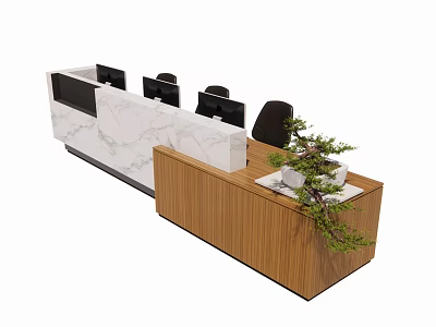Modern Reception Desk With Marble Top Wooden Cabinet And Potted Plant 3d model