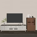 Modern Light Colored TV Stand With Arched Doors Drawers And Decorative Plant Vase