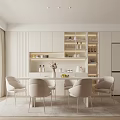 Modern Restaurant Interior With Open Layout White Cabinets Dining Table And Beige Chairs 3d model