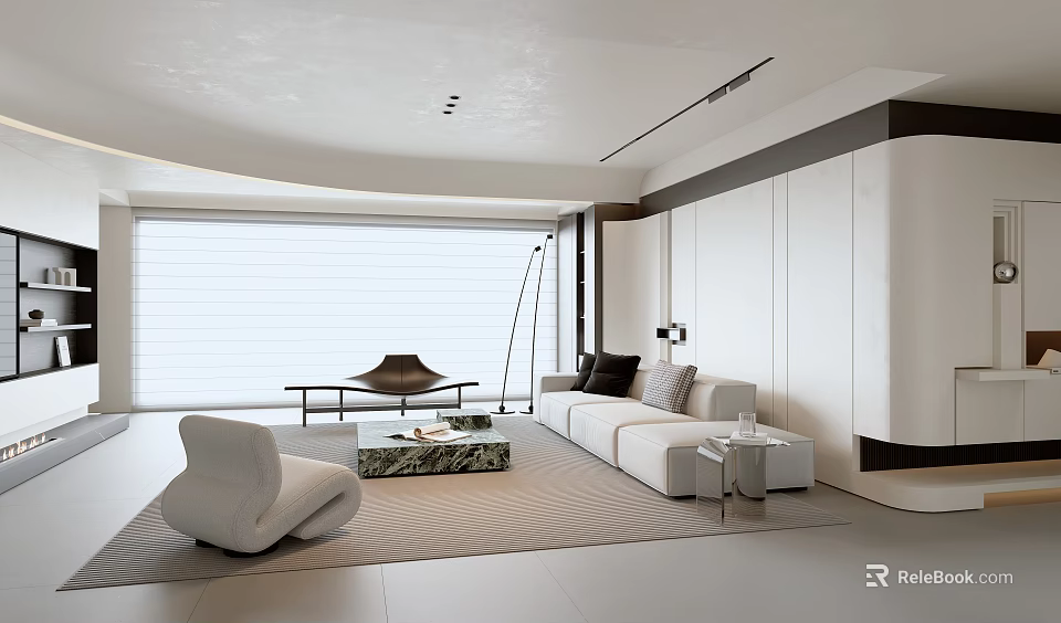 Modern Living Room Interior Design With White Sofa Accent Chair Coffee Table And Large Windows 3d model 