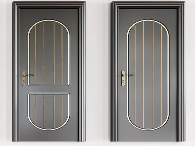 Dark Gray Swing Doors With Oval Rectangular Glass Panels And Golden Handles 3d model