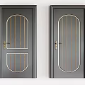 Dark Gray Swing Doors With Oval Rectangular Glass Panels And Golden Handles 3d model