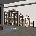 Modern Living Room Bookcase with Books Decorations Photo Frames Round Rug and Floor Lamp