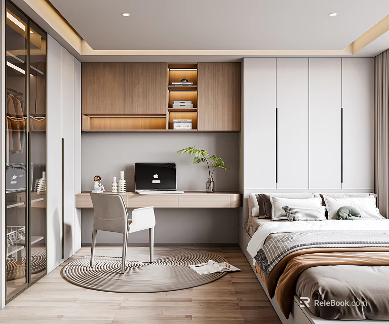 Tatami Bedroom Interior Design with Tatami Bed Wooden Storage Cabinets Desk and Green Plant 3d model 