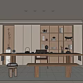 Modern Tea Room Interior With Wooden Shelves Long Table And Tea Sets