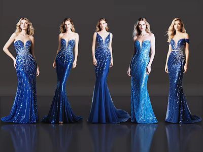 Two Women Models In Blue Sequin Dresses With Different Styles And Poses 3d model
