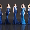 Two Women Models In Blue Sequin Dresses With Different Styles And Poses