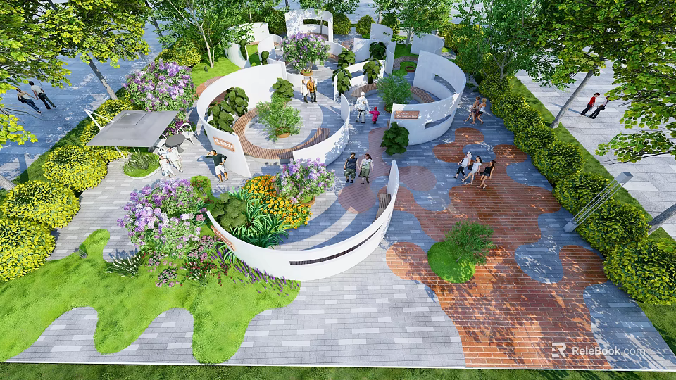 Park Landscape Design With Circular Pathways Green Plants And Flowers Where People Walk And Relax 3d model 