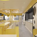 Modern Fast Food Restaurant Interior With Yellow Counter Menu Screens And Burger Drink Logo