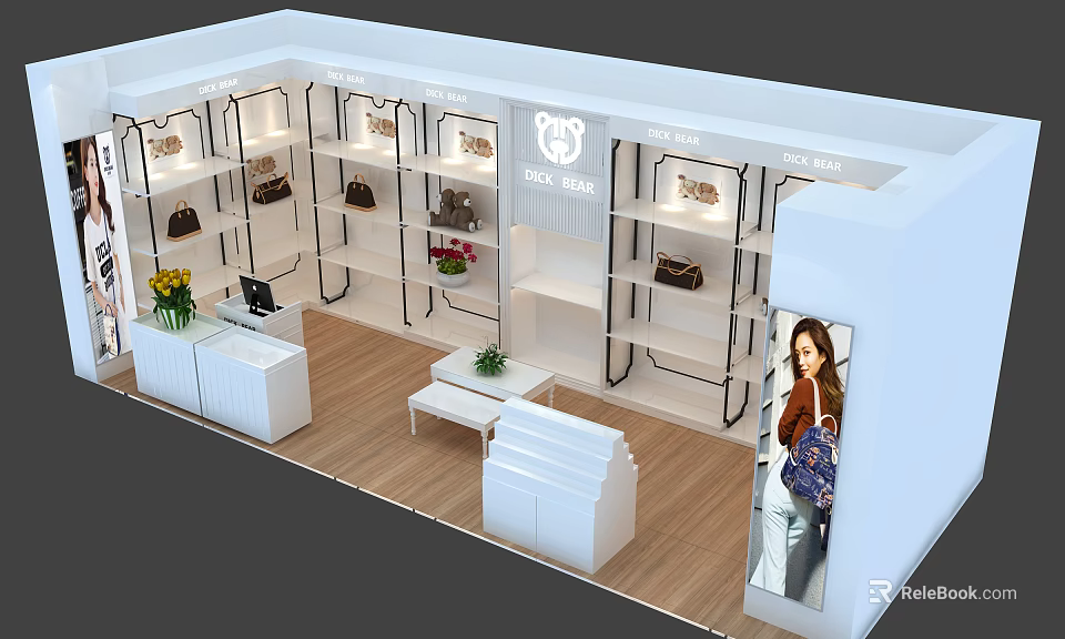 Modern Bag Boutique Store With Display Shelves Interior Design Model Poster And Green Plants 3d model 