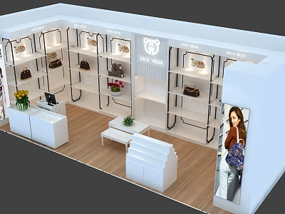 Modern Bag Boutique Store With Display Shelves Interior Design Model Poster And Green Plants 3d model