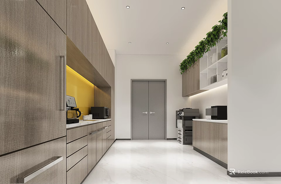 Modern Office Corridor Interior With Wooden Storage Cabinets Green Plants And Office Appliances 3d model 