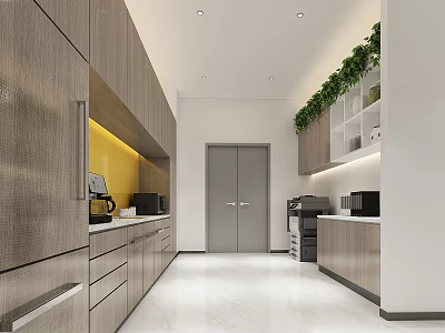 Modern Office Corridor Interior With Wooden Storage Cabinets Green Plants And Office Appliances 3d model