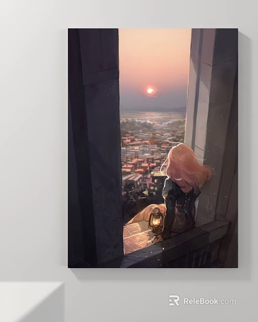 Scenic Landscape Painting Featuring Girl With Lantern And Sunset City View From Window 3d model 