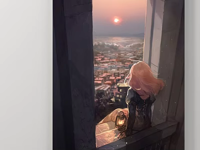 Scenic Landscape Painting Featuring Girl With Lantern And Sunset City View From Window 3d model