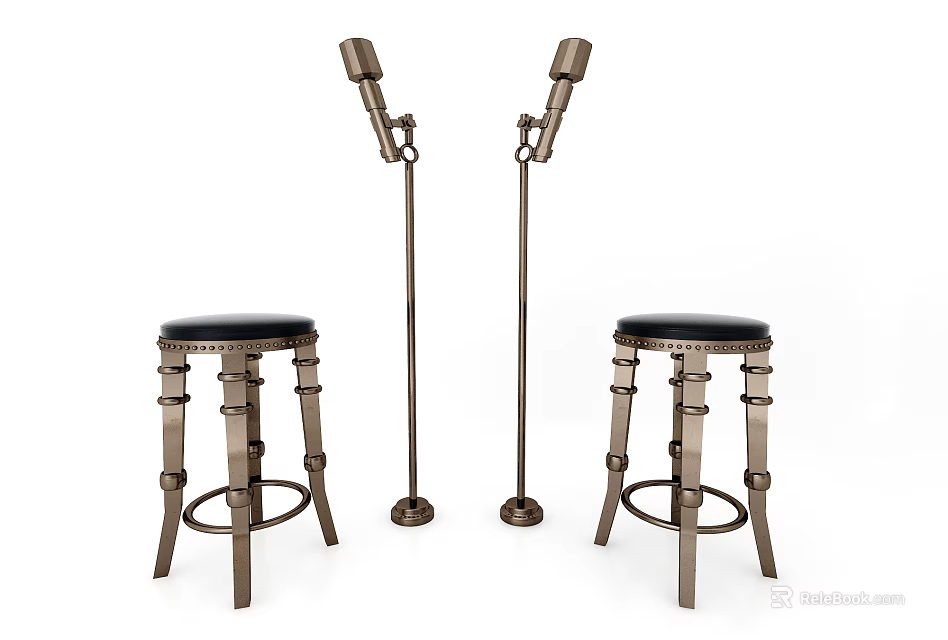 Two Vintage Metal Bar Stools With Black Leather Seats And Floor Lamps 3d model 
