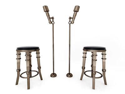 Two Vintage Metal Bar Stools With Black Leather Seats And Floor Lamps 3d model