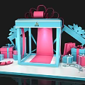Gift Display Booth with Blue Structure Pink Interior and Gift Boxes and Red Bow Decorations 3d model