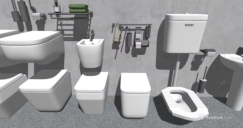 TOTO Various Toilet Types with Bathroom Accessories in Modern Bathroom Setting 3d model 