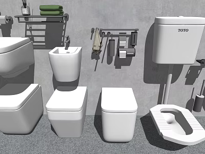TOTO Various Toilet Types with Bathroom Accessories in Modern Bathroom Setting 3d model