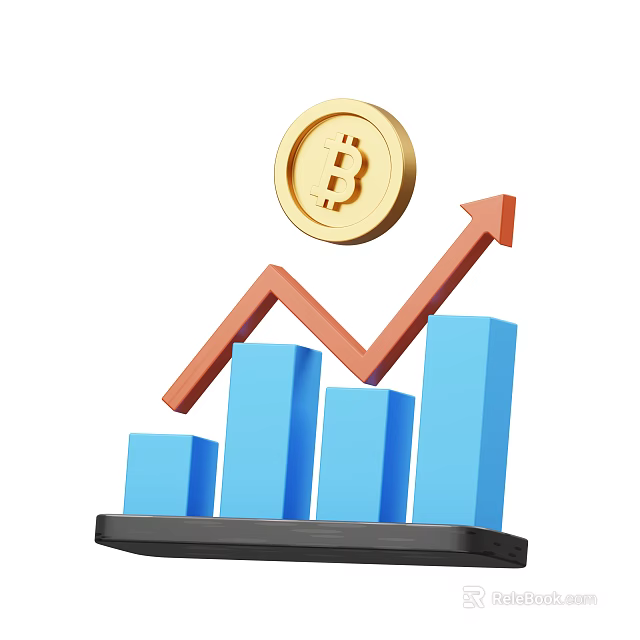Ornament Decorative Set With Gold Bitcoin Coin Rising Red Arrow And Blue Bar Chart On Black Base 3d model 