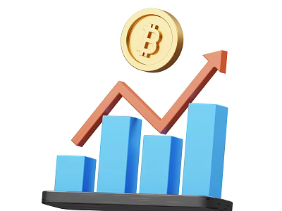 Ornament Decorative Set With Gold Bitcoin Coin Rising Red Arrow And Blue Bar Chart On Black Base 3d model
