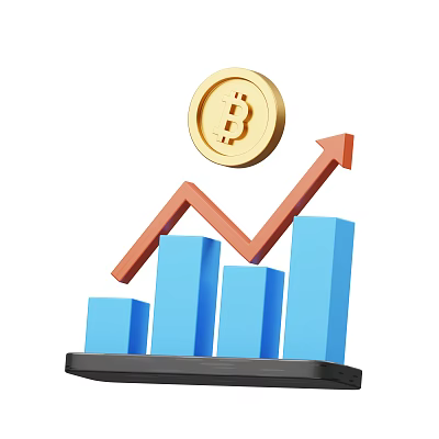 Ornament Decorative Set With Gold Bitcoin Coin Rising Red Arrow And Blue Bar Chart On Black Base 3d model