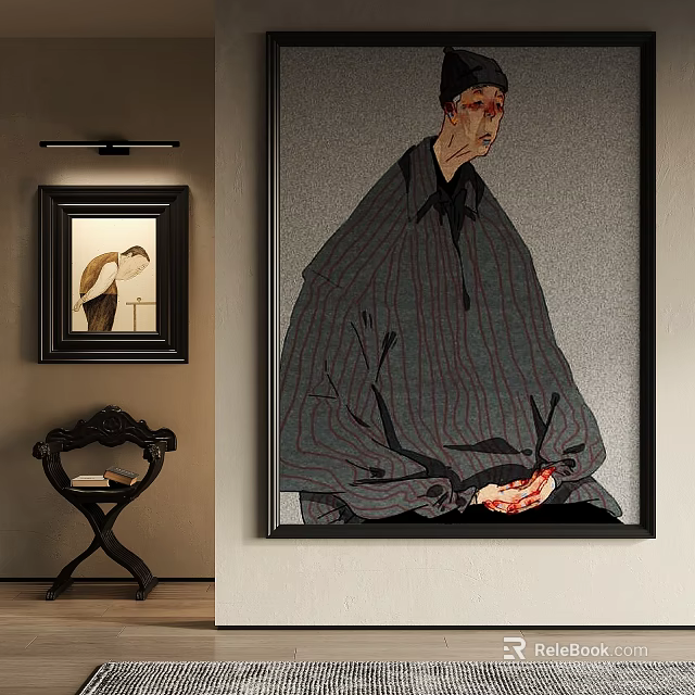 Framed Portrait Painting In Dark Striped Cloak With Hands Resting On Abdomen And Decorative Table 3d model 