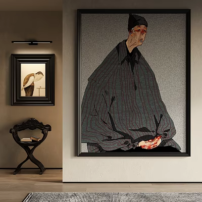 Framed Portrait Painting In Dark Striped Cloak With Hands Resting On Abdomen And Decorative Table 3d model
