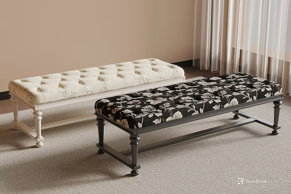Beige Tufted Bench With White Legs And Black Floral Pattern Bench In Living Room Interior 3d model 