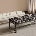 Beige Tufted Bench With White Legs And Black Floral Pattern Bench In Living Room Interior