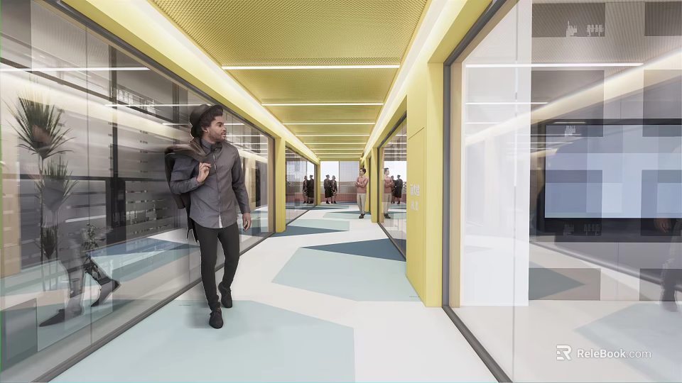 Modern Office Corridor Interior With Yellow Ceiling Glass Walls And Geometric Floor Design 3d model 