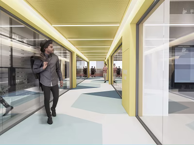 Modern Office Corridor Interior With Yellow Ceiling Glass Walls And Geometric Floor Design 3d model